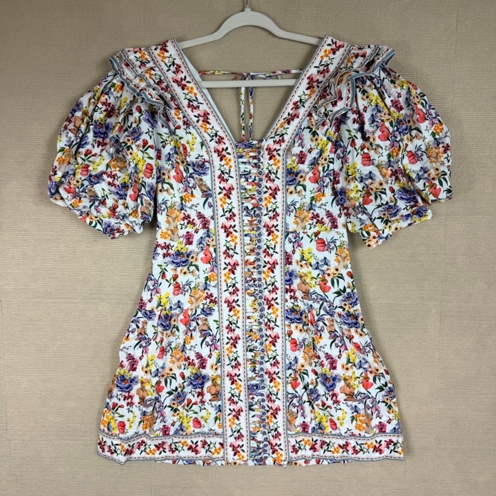 Farm Rio Greek Garden Off-White Topstitched Yoke Mini Dress Floral Womens M - Picture 1 of 13